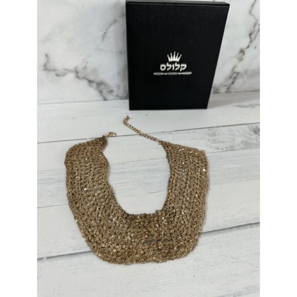 Crocheted chainmail bib necklace, Cleopatra Gold Mesh Collar Necklace - Picture 8 of 12
